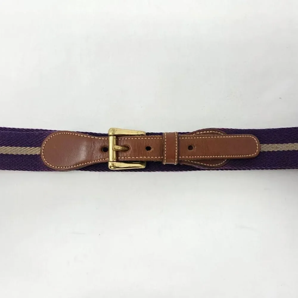 VINTAGE DOONEY & BOURKE BROWN LEATHER PURPLE STRIPE WOOL WOMENS BELT 34 1.25